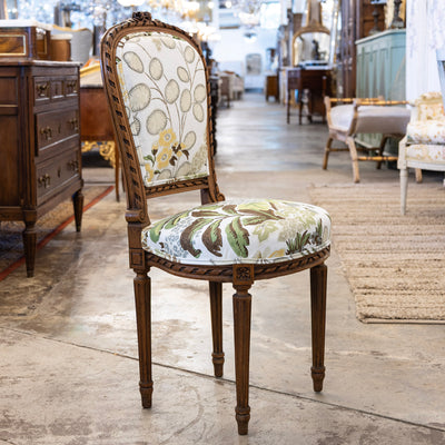 Pair of Louis XVI Side Chairs – Carved Brown Frame & Floral and Green Velvet Upholstery