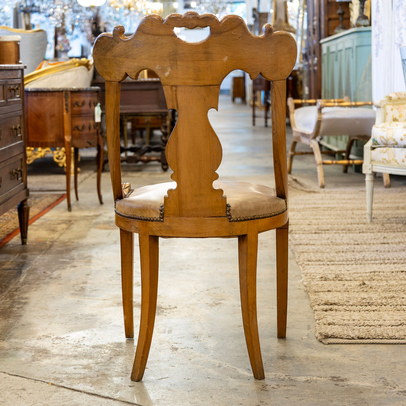 Biedermeier Dining Chair – Carved Scroll Back & Original Leather Seat