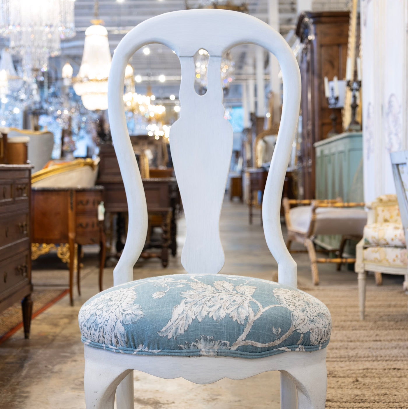 Swedish Dining Chair – Dove White with Blue Floral Upholstery