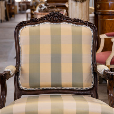 Pair of Louis XV Carved Armchairs – Brown Frame with Green and Yellow Checked Upholstery