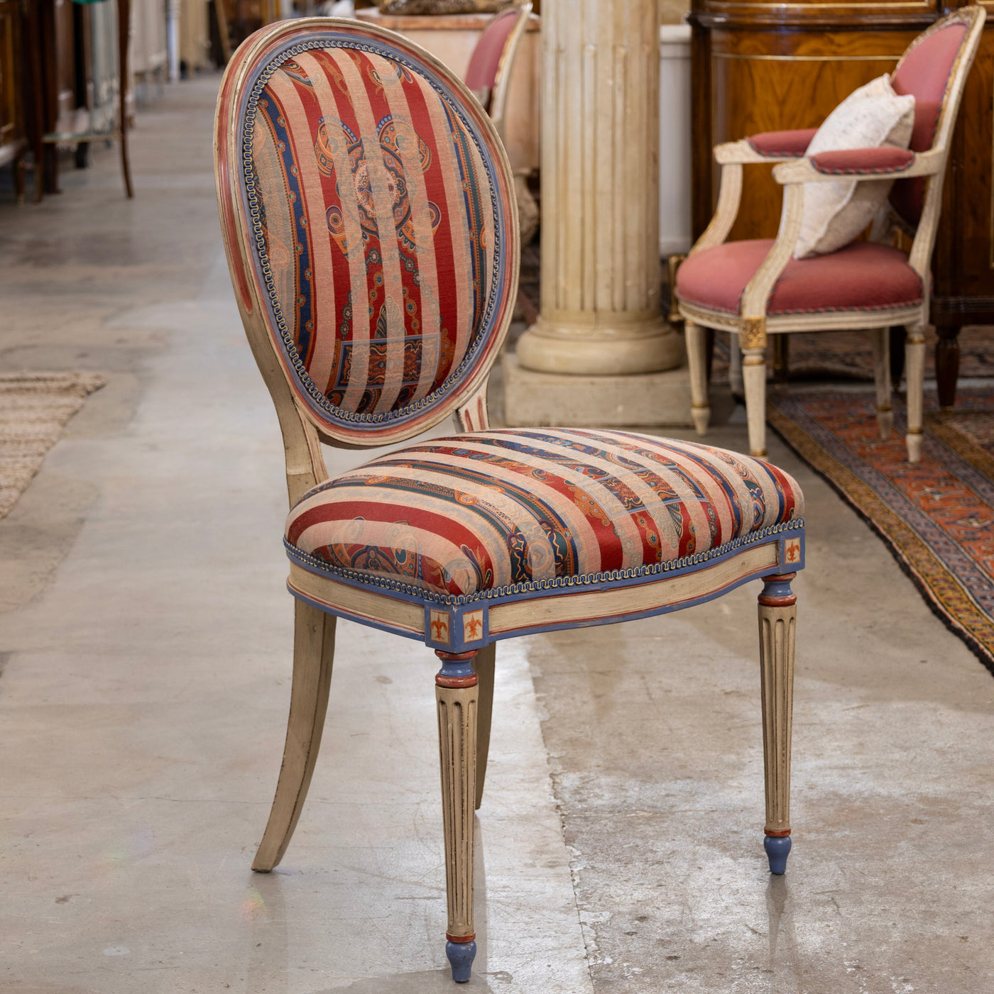 Pair of Louis XVI Accent Chairs – Blue and Red Painted Frames with Striped Upholstery