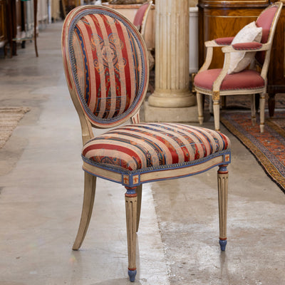 Pair of Louis XVI Accent Chairs – Blue and Red Painted Frames with Striped Upholstery