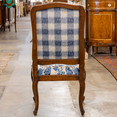 Pair of Louis XV Accent Chairs – Brown Frame with Blue & Cream Mythological Upholstery