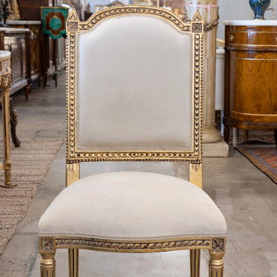 Louis XVI Gilded Dining Chair – Carved Frame with White Velvet Upholstery