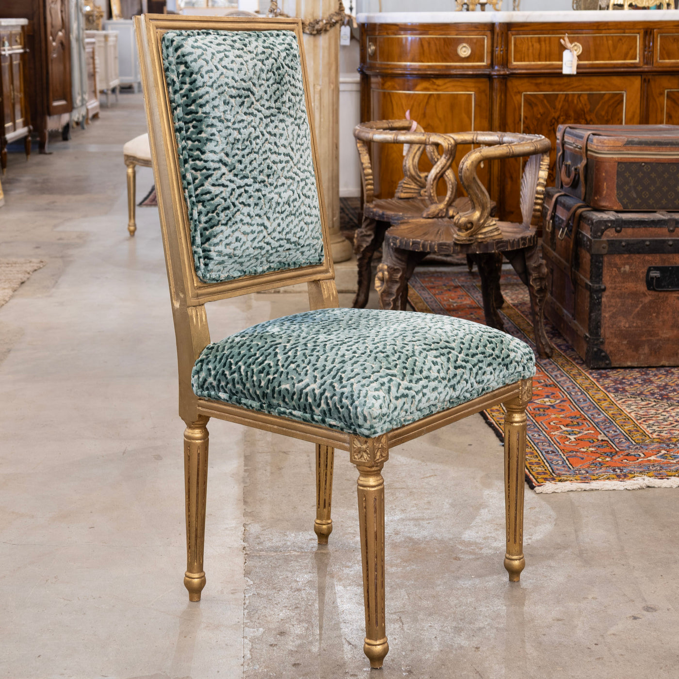 Louis XVI Gilded Dining Chair – Teal Leopard Patterned Velvet