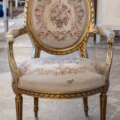 Louis XVI Gilded Armchair – Original Aubusson Floral Upholstery