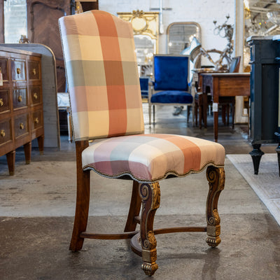 Pair of Louis XVI Accent Chairs – Gilded Details & Plaid Upholstery
