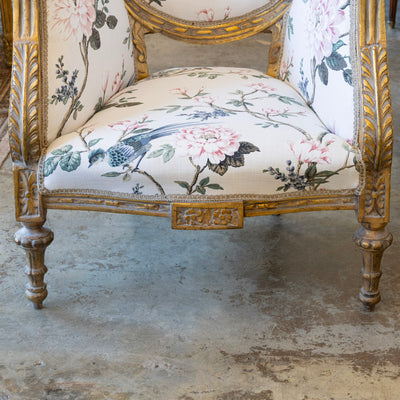 Louis XVI Gilded Bergère Chair – Chinoiserie Floral Linen & Green Velvet Upholstery