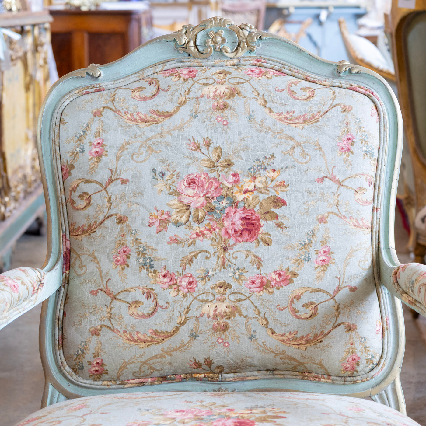 Louis XV Armchair – Soft Green Painted Frame with Aubusson Floral Upholstery