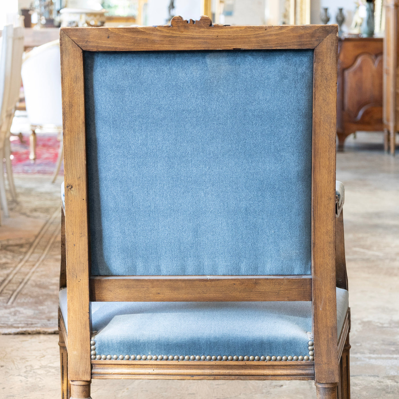 Louis XVI Carved Armchair – Wood Frame with Blue Velvet Upholstery