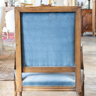 Louis XVI Carved Armchair – Wood Frame with Blue Velvet Upholstery