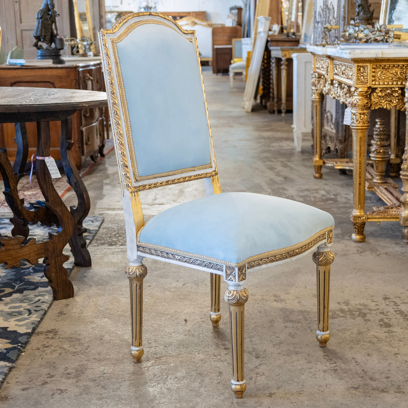 Louis XVI Square Dining Chair – Gold & White Trim with Blue Velvet