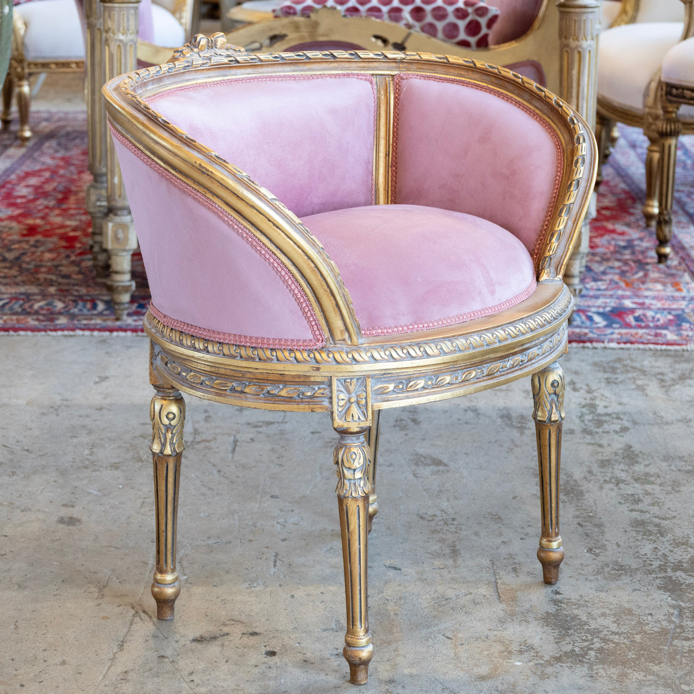 Pair of Louis XVI Petite Gilded Bergère Chairs – Velvet Deep Rose Upholstery - Accent Chairs | Le Chateau (Atlanta, GA) • 2