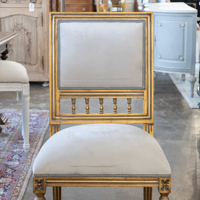 Louis XVI Square Open Back Gilded Dining Chair – Soft Grey Velvet Upholstery
