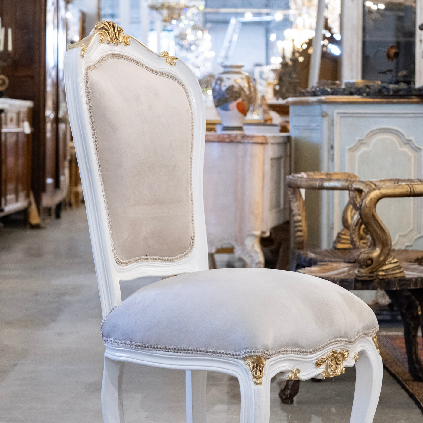 Louis XV Style White & Gold Round Dining Chair – Grey Velvet Upholstery