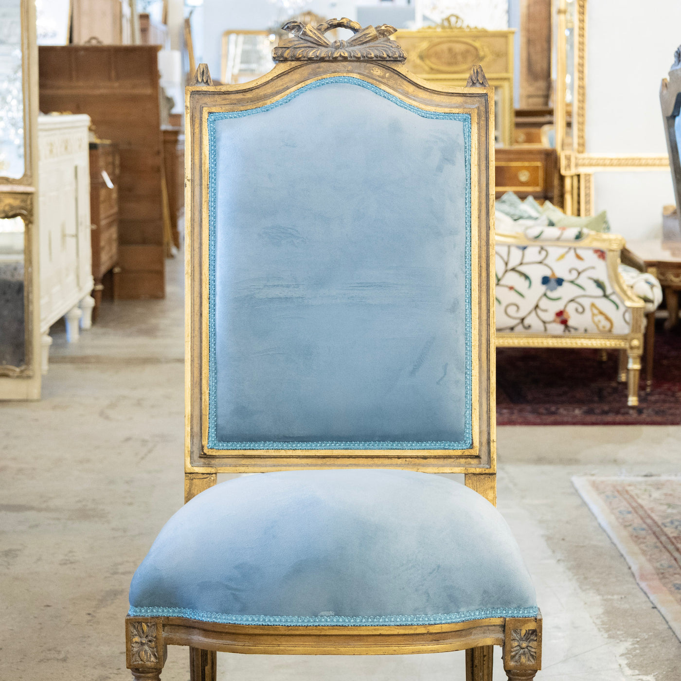 Louis XVI Gilded Square Dining Chair –  Carved Crest & Blue Velvet Upholstery