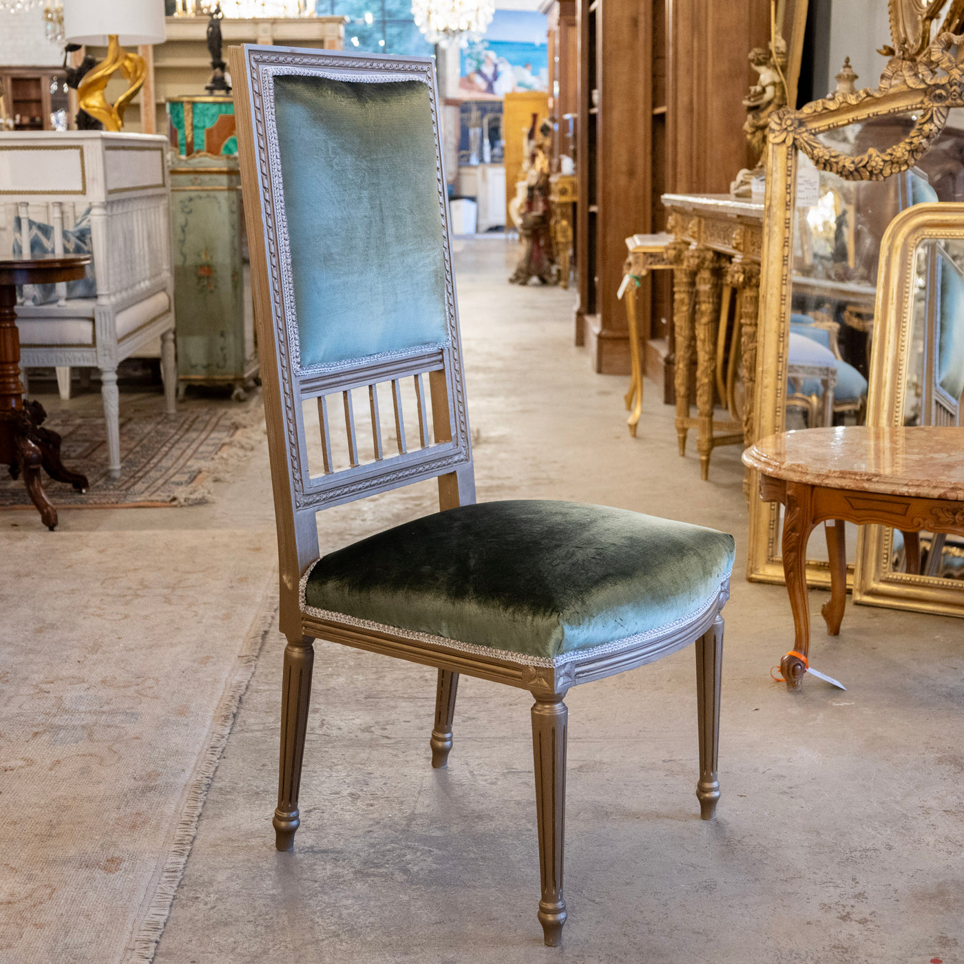 Louis XVI Square Open Back Dining Chair – Green Velvet Upholstery