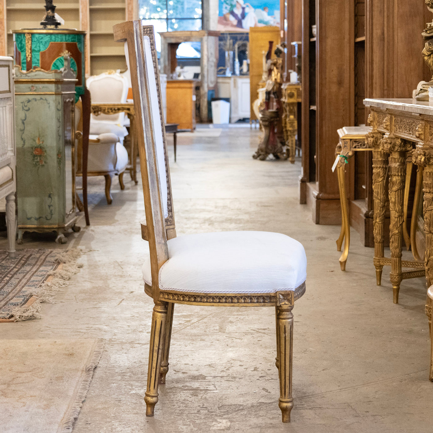 Louis XVI Tall Back Gilded Dining Chair – White Linen Upholstery