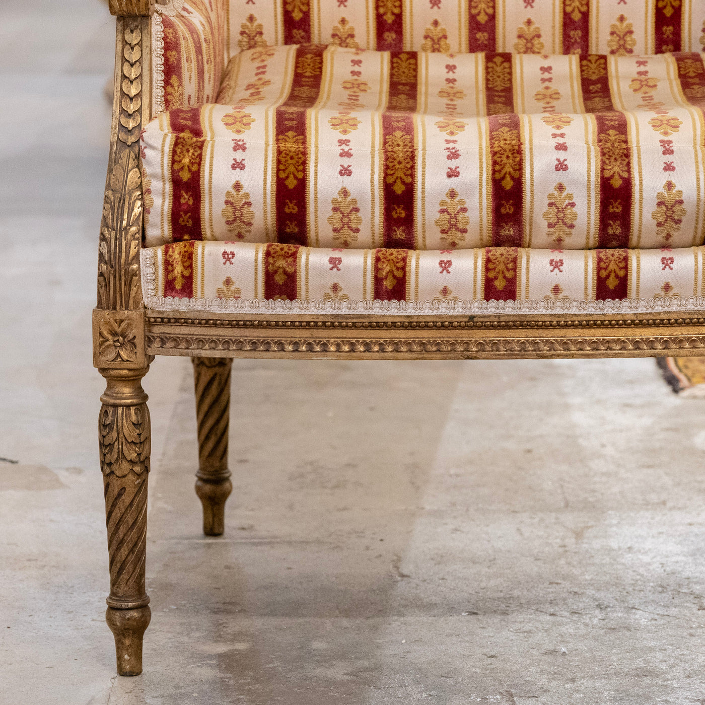 Pair of Louis XVI Gilded Armchairs – Striped Damask Upholstery