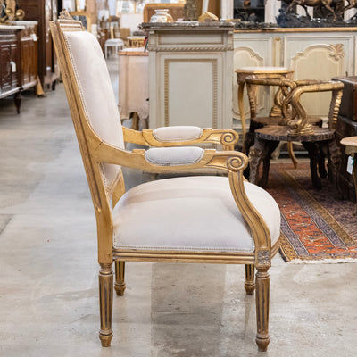 Pair of Louis XVI Gilded Captain Chairs – Cream Velvet Upholstery