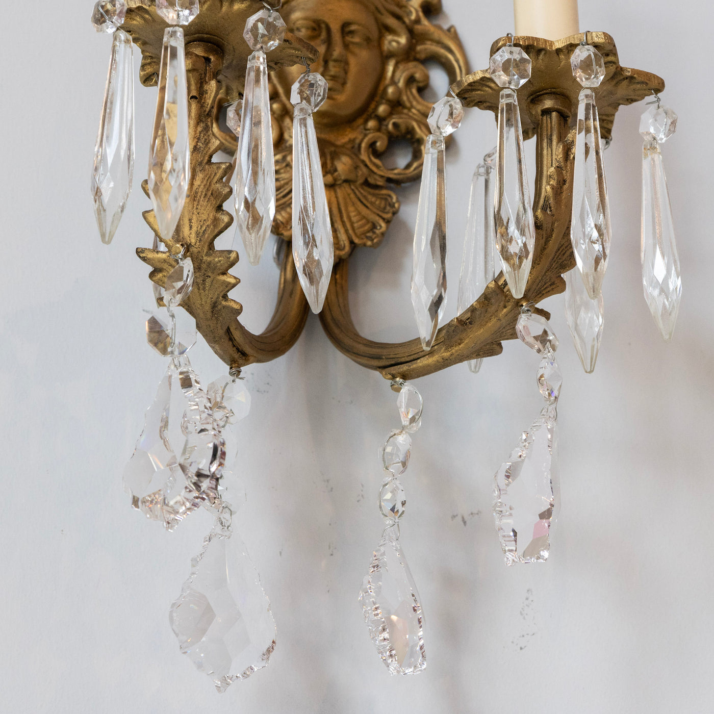 Pair of Medusa Rococo Brass Wall Sconces –  Swarovski Crystal Drops