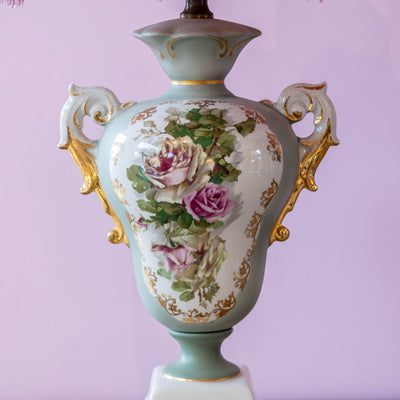 French Porcelain Lamp – Hand-Painted Roses & Pink Fringe Shade