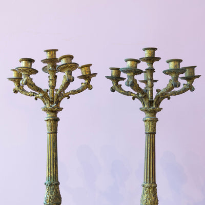 Pair of French Gilded Bronze Candelabras – Empire Style with Patina