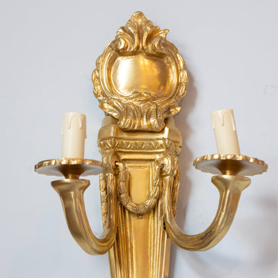 Pair of Louis XVI Gilded Wall Sconces – Carved Crest in Bright Gold