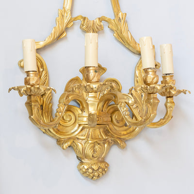 Pair Louis XVI Grand Gilded Wall Sconces – Bright Gold with Leaf Carvings - Wired Sconces | Le Chateau (Atlanta, GA) • 5