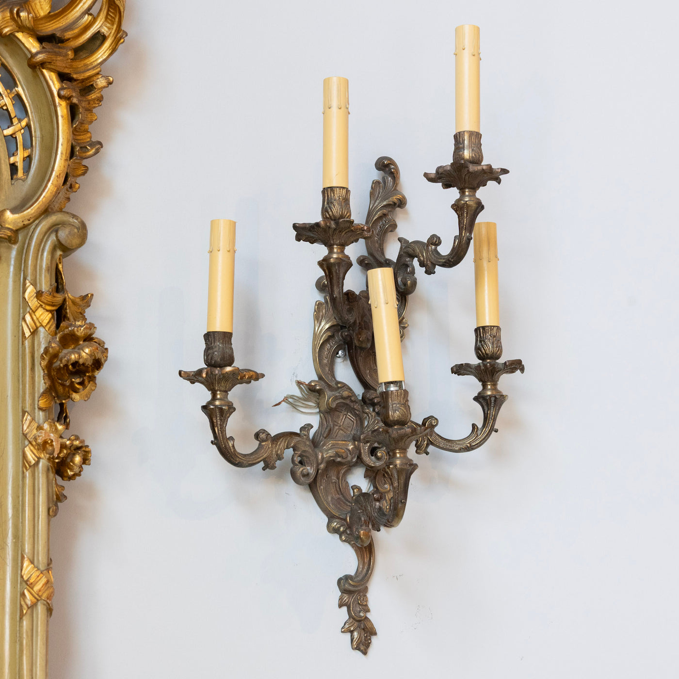 Pair of Louis XV Aged Brass Sconces – Rococo Scrollwork & Five Candle Arms - Wired Sconces | Le Chateau (Atlanta, GA) • 2
