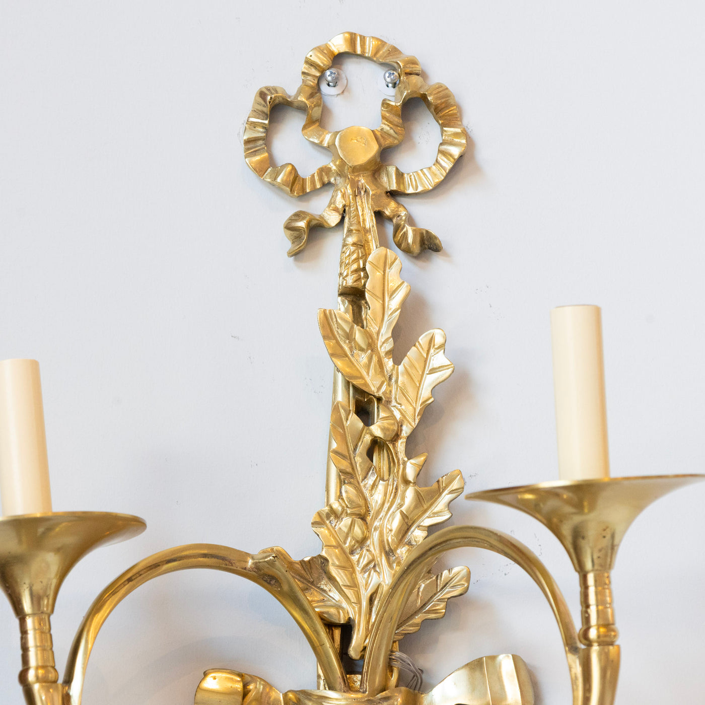 Pair of Louis XVI Brass Sconces – Bow Frame & Laurel Detailing - Wired Sconces | Le Chateau (Atlanta, GA) • 4