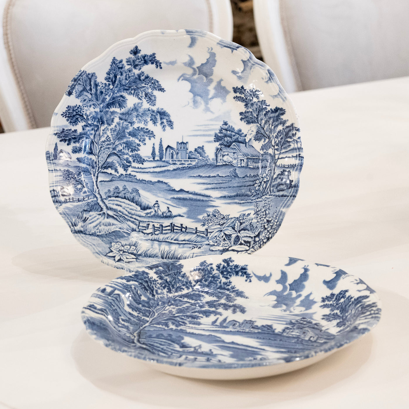 Luneville Hand-Painted Blue Porcelain Dinner Service – 41-Piece French “English Style” Countryside Set (c. 1930s–1950s)