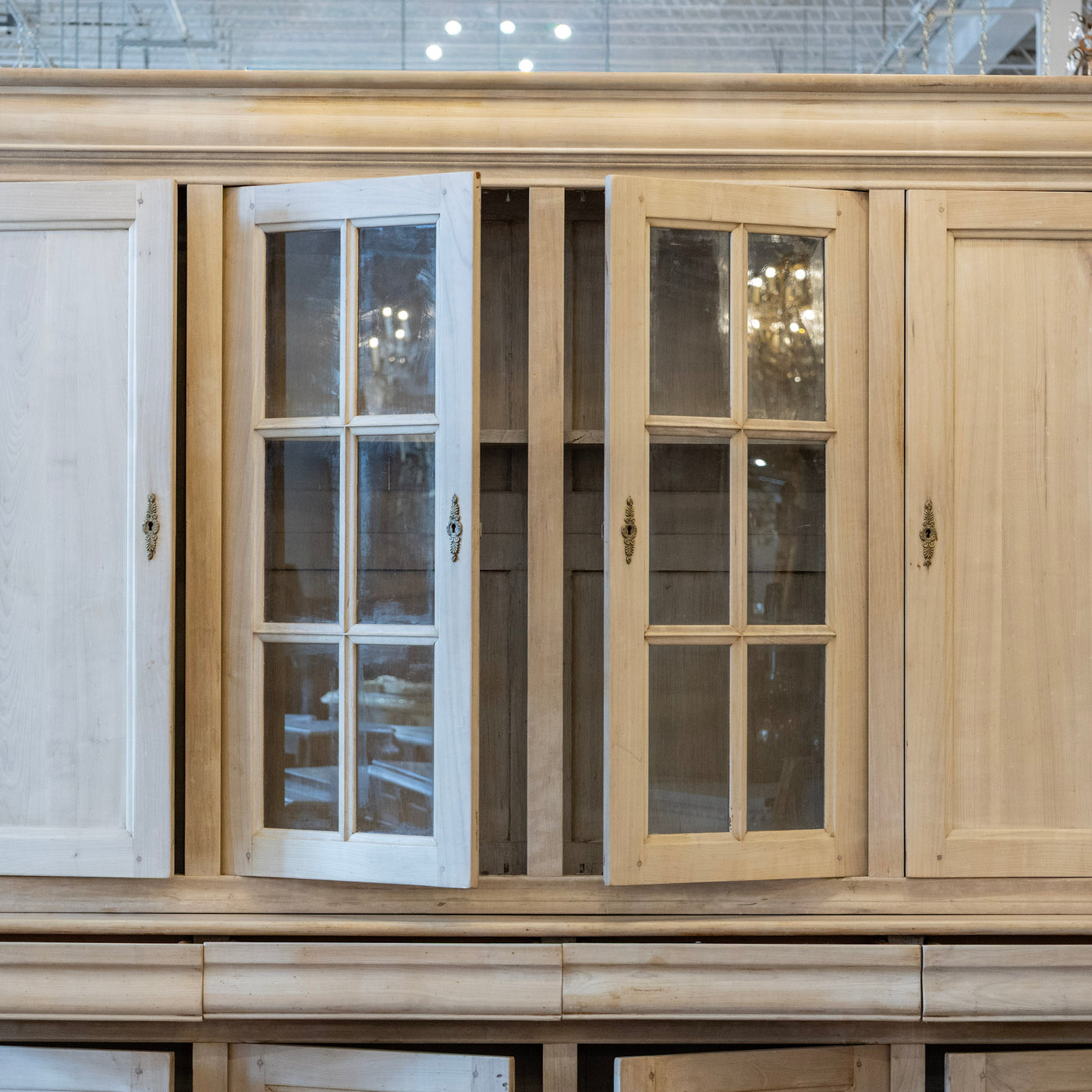 Louis Philippe Breakfront Cupboard – Light Wood Finish with Glass Panel Doors