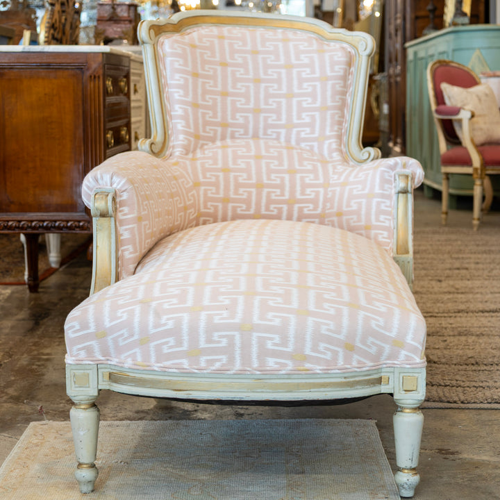 Louis XVI Chaise Lounge – Pink Greek Key Upholstery & Carved
