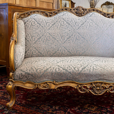 Louis XV Gilded Sofa – Detailed Carvings & Blue Damask Upholstery