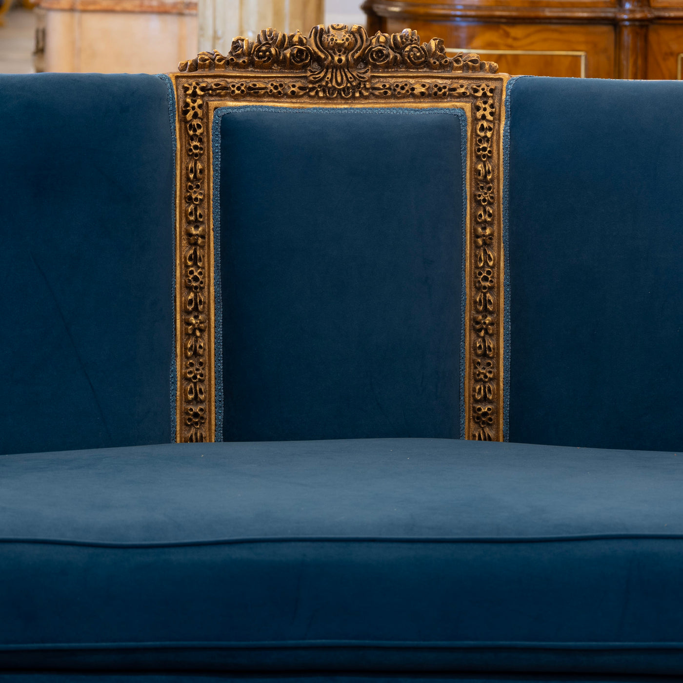 Louis XVI Gilded Sofa – Carved Detailing & Dark Blue Velvet Upholstery