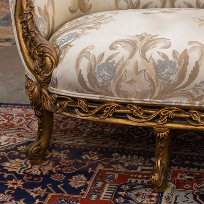 Louis XV Gilded Sofa – Carved Floral Frame & Cream Damask Upholstery