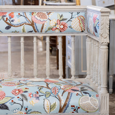 Swedish Painted Settee – Blue Botanical Print Upholstery