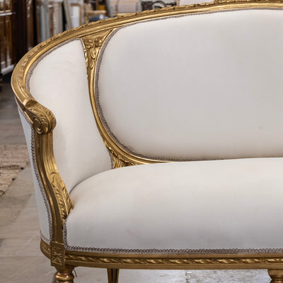 Louis XVI Gilded Settee – White Velvet Upholstery