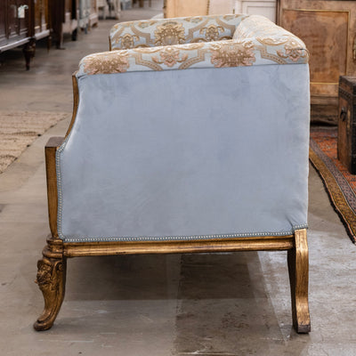 Italian Gilded Sofa – Carved Base & Blue Damask Upholstery