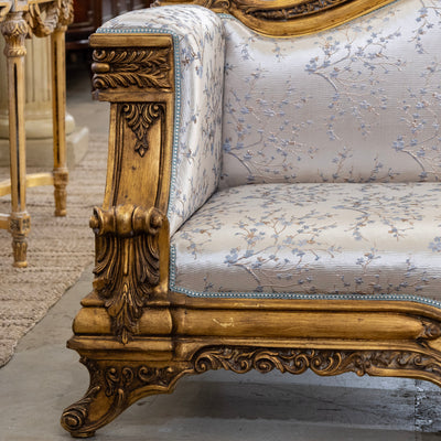 Italian Gilded Sofa – Carved Detailing & Pale Blue Silk-Weave Floral Upholstery