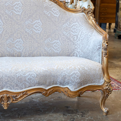 Louis XV Gilded Sofa – Carved Frame & Cream Damask Upholstery