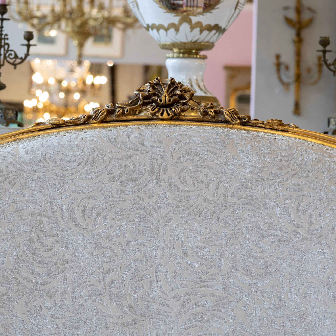 Louis XV Gilded Sofa – Carved Trim & Cream Velvet Textured Upholstery