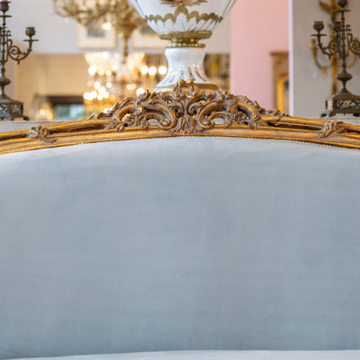Louis Gilded XV Sofa – Baby Blue Velvet Upholstery