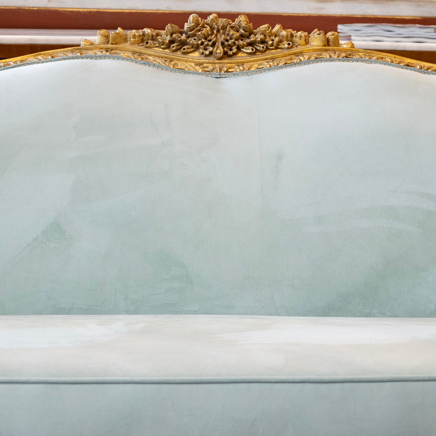 Louis XV Gilded Sofa – Carved with Tufted Pale Aqua Velvet Upholstery