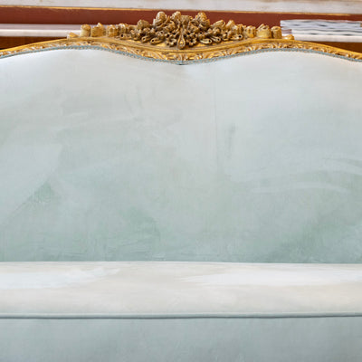 Louis XV Gilded Sofa – Carved with Tufted Pale Aqua Velvet Upholstery