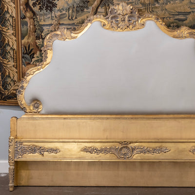 Louis XV Gilded Ornate King Bed Set – Sculpted Trim with Carvings & Soft White Velvet