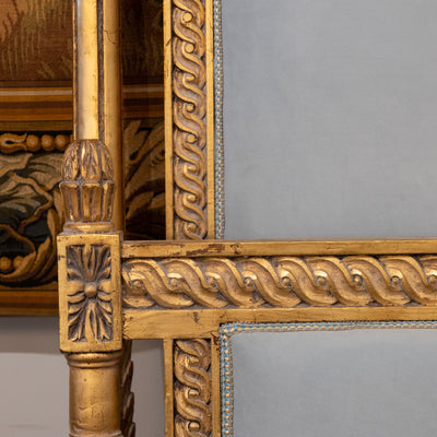 Louis XVI Gilded King Size Bed Set – Carved Frame & Posts with Powder Blue Velvet