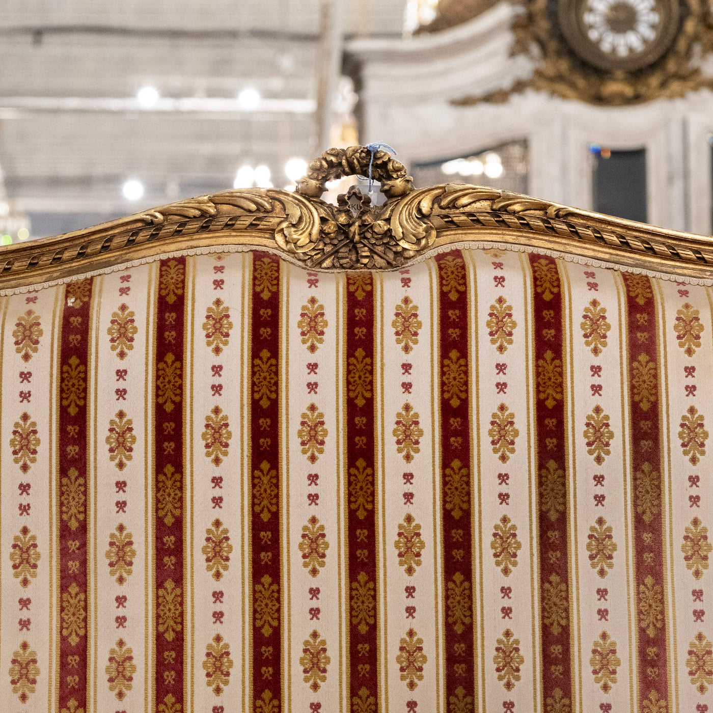 Louis XVI Carved Gilded Settee – Striped Damask Upholstery