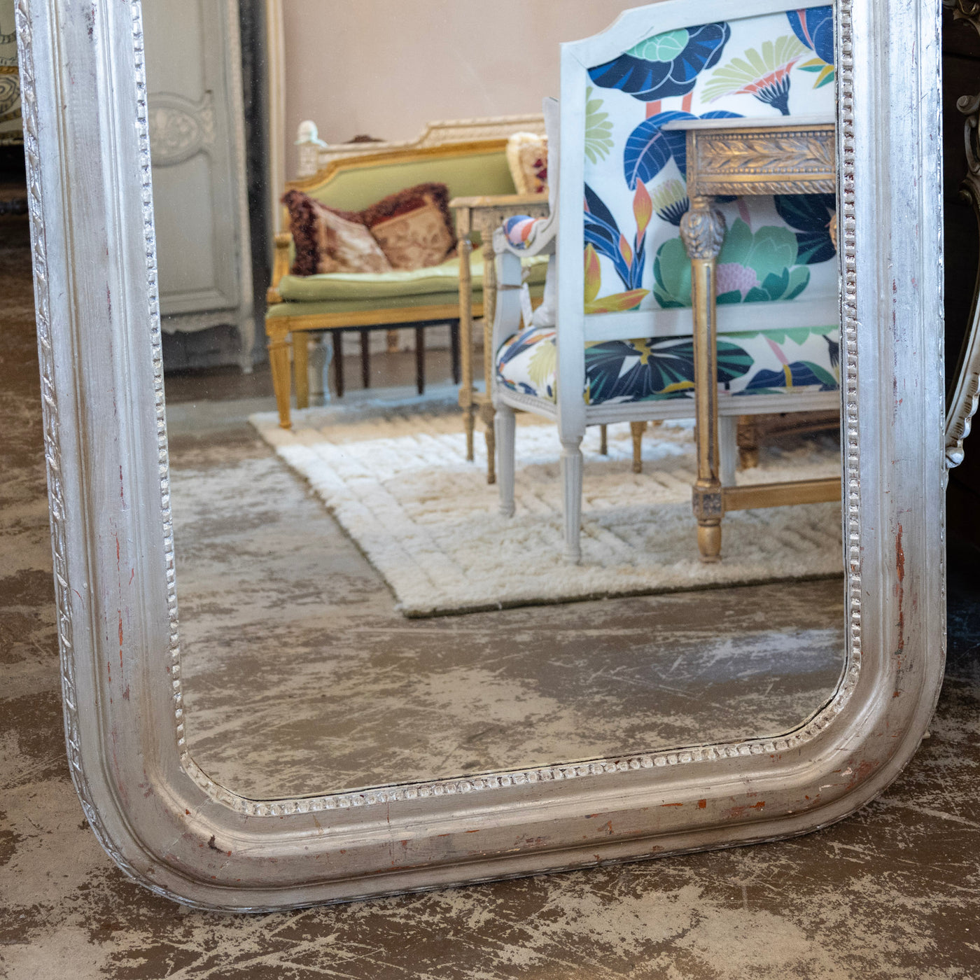 Louis Philippe Grand Silver Leaf Mirror – Rounded Beaded Frame with Patina